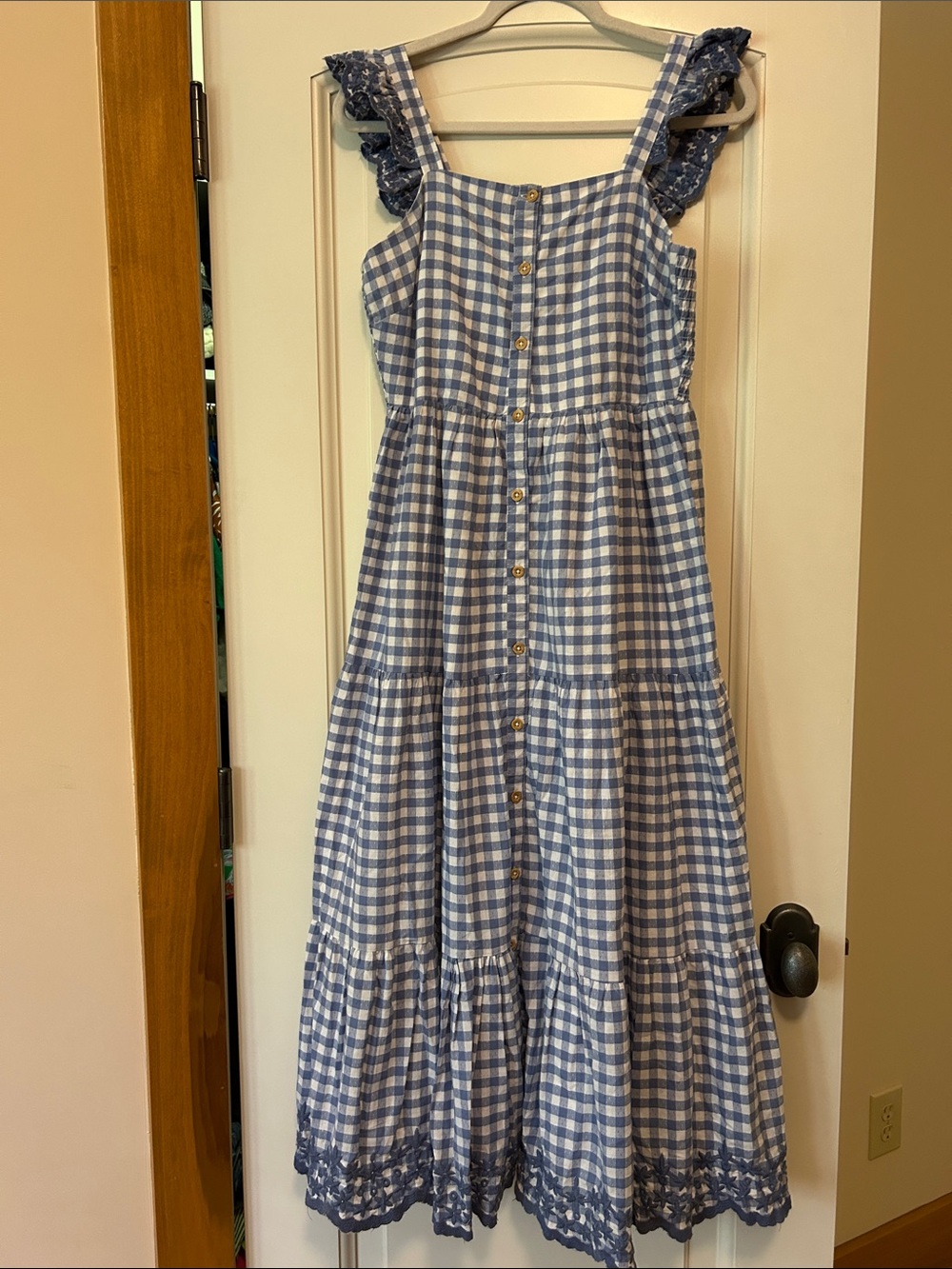 Shabby Chic Blue Gingham Tiered Sundress with Lace Straps Picnic Ready